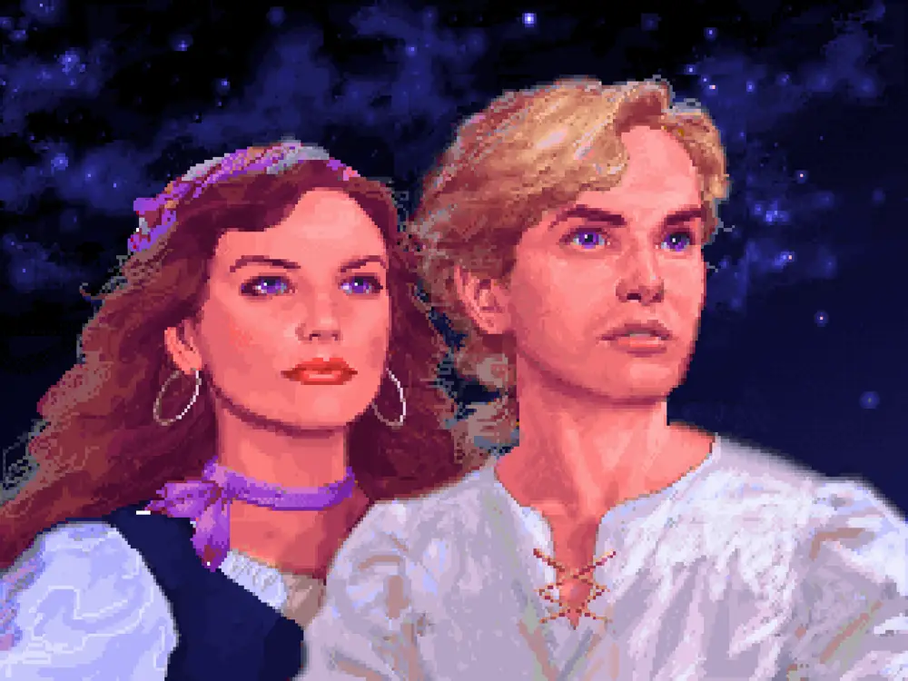 Guybrush Threepwood y Elaine Marley contemplan algo en el cielo nocturno estrellado.